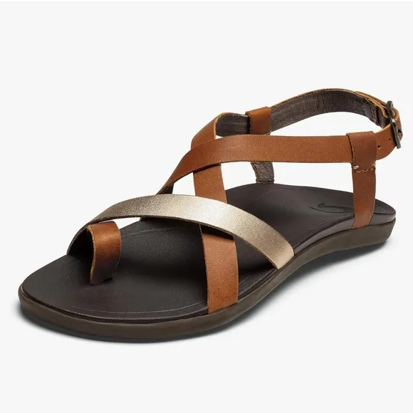Olukai Upena Brown Beach Sandals Quick-Dry Flip-Flop Slides Leather Size 11