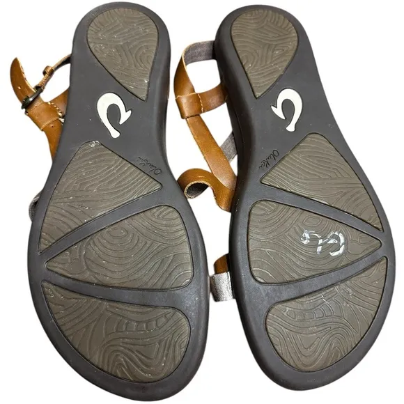 Olukai Upena Brown Beach Sandals Quick-Dry Flip-Flop Slides Leather Size 11