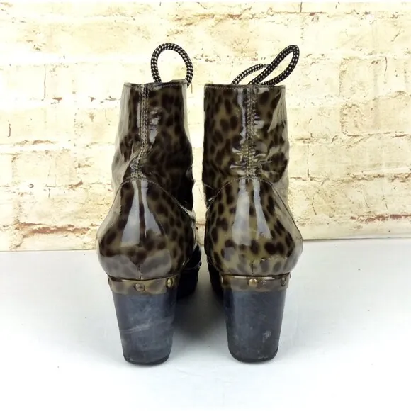 Opening Ceremony Joelle Patent Leather Boots 37 6 US Cheetah Wood Clog Lace Up