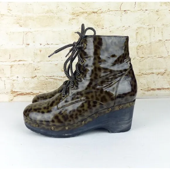 Opening Ceremony Joelle Patent Leather Boots 37 6 US Cheetah Wood Clog Lace Up
