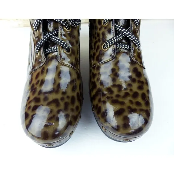 Opening Ceremony Joelle Patent Leather Boots 37 6 US Cheetah Wood Clog Lace Up