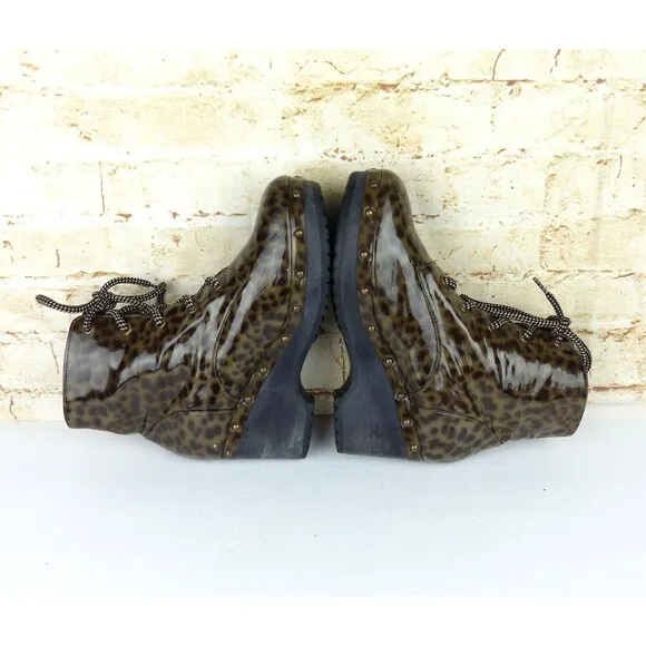Opening Ceremony Joelle Patent Leather Boots 37 6 US Cheetah Wood Clog Lace Up