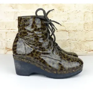 Opening Ceremony Joelle Patent Leather Boots 37 6 US Cheetah Wood Clog Lace Up