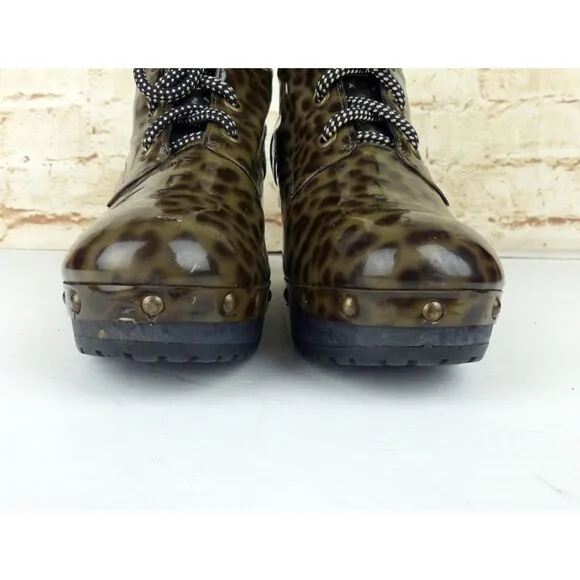 Opening Ceremony Joelle Patent Leather Boots 37 6 US Cheetah Wood Clog Lace Up