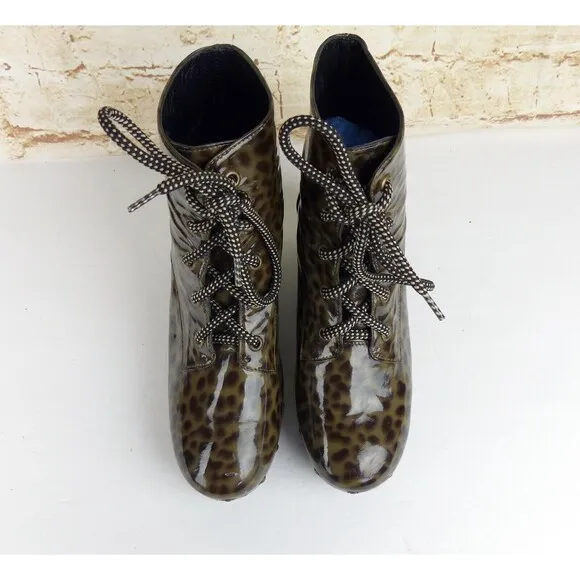 Opening Ceremony Joelle Patent Leather Boots 37 6 US Cheetah Wood Clog Lace Up