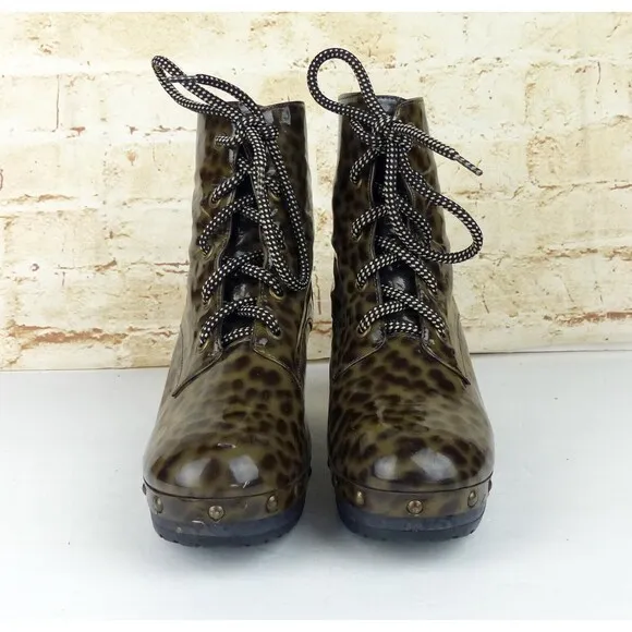 Opening Ceremony Joelle Patent Leather Boots 37 6 US Cheetah Wood Clog Lace Up