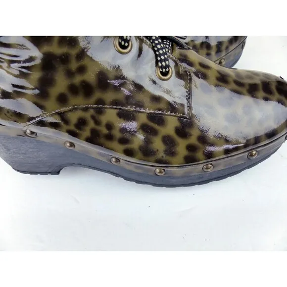 Opening Ceremony Joelle Patent Leather Boots 37 6 US Cheetah Wood Clog Lace Up