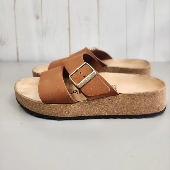 Papillio by Birkenstock Almina Nubuck Buckle Leather Sandal Pecan 8-8.5 Narrow