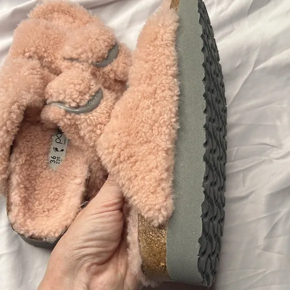 Papillio Sherling Fuzzy Pink Fleece Slippers Slides Sandals Birkens Birkenstocks