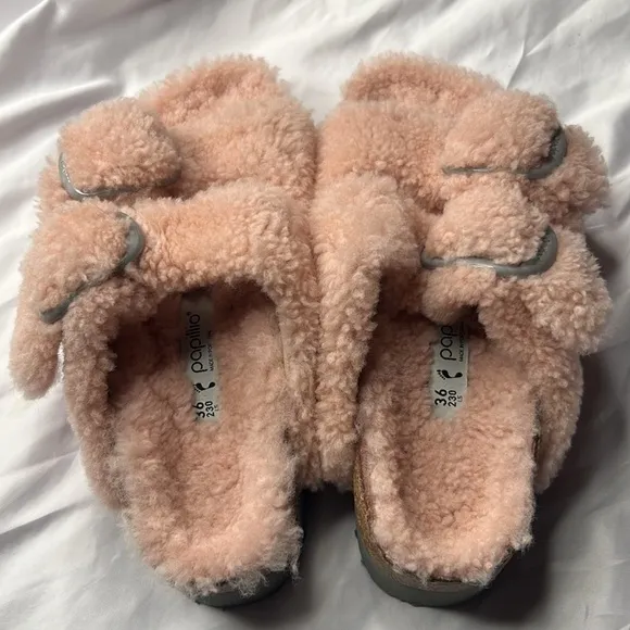 Papillio Sherling Fuzzy Pink Fleece Slippers Slides Sandals Birkens Birkenstocks