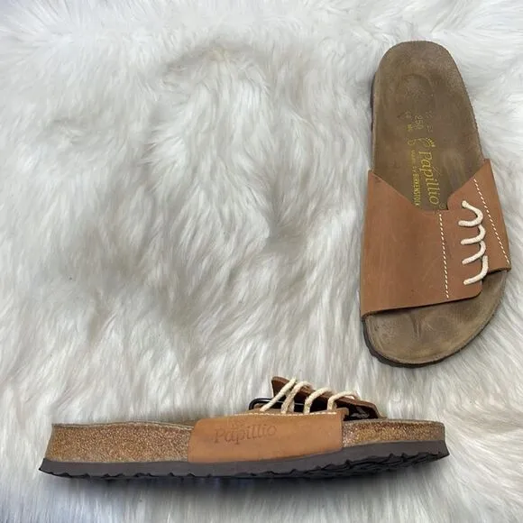 Papillio Tan Nubuck Tie Detail Slide Sandals Sz 8