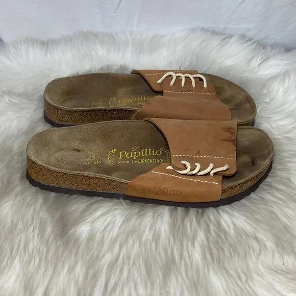 Papillio Tan Nubuck Tie Detail Slide Sandals Sz 8