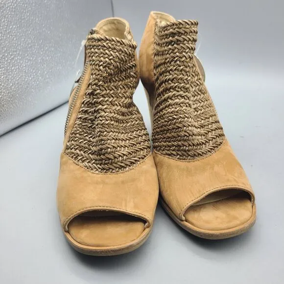 Paul Green Leilani Sandals Peep Toe Tan Leather Suede Sisal Heel Zipper Sz 8 New
