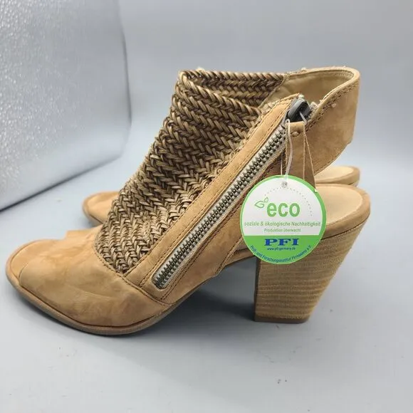 Paul Green Leilani Sandals Peep Toe Tan Leather Suede Sisal Heel Zipper Sz 8 New