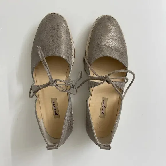 Paul Green Marcey Lace Up Espadrille Flats Silver Metallic US Sz 6.5