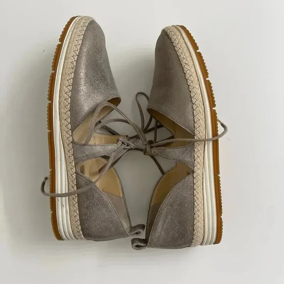 Paul Green Marcey Lace Up Espadrille Flats Silver Metallic US Sz 6.5