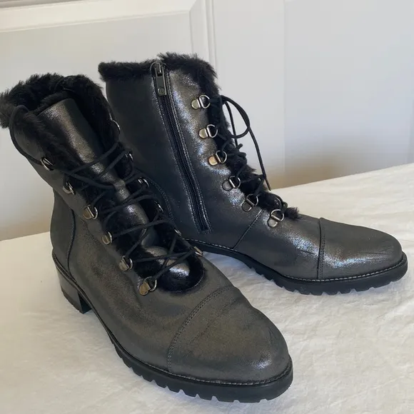 Peter Kaiser Leather Lace Up Ankle Boots Silver Gray