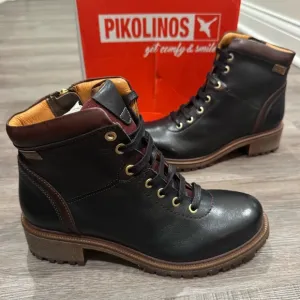 Pikolinos Aspe Lace Up Black Leather Heeled Bootie Boots