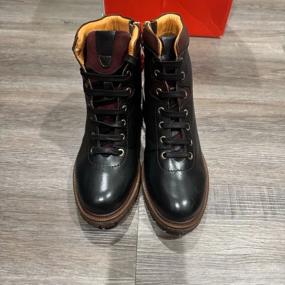 Pikolinos Aspe Lace Up Black Leather Heeled Bootie Boots
