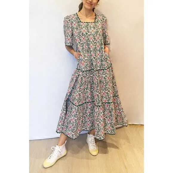 Pink City Prints Laura Midi Dress Retro Blush Tiered Block Print Tuckernuck L