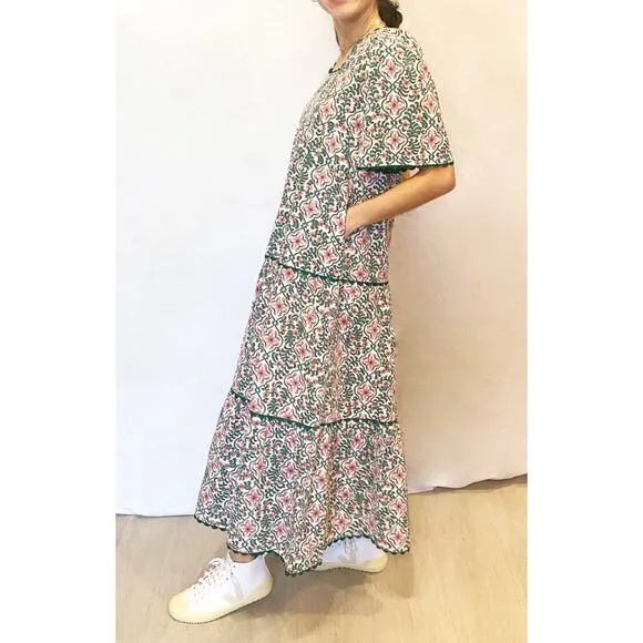 Pink City Prints Laura Midi Dress Retro Blush Tiered Block Print Tuckernuck L