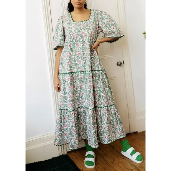 Pink City Prints Laura Midi Dress Retro Blush Tiered Block Print Tuckernuck L