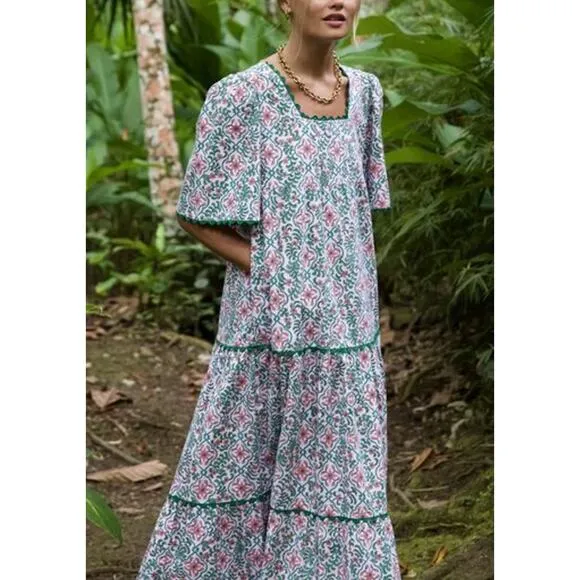 Pink City Prints Laura Midi Dress Retro Blush Tiered Block Print Tuckernuck L