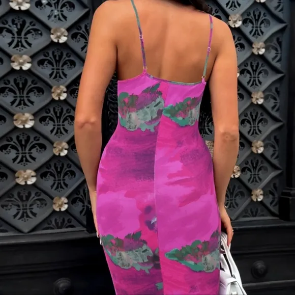 Pink Printed Spaghetti Strap Dress