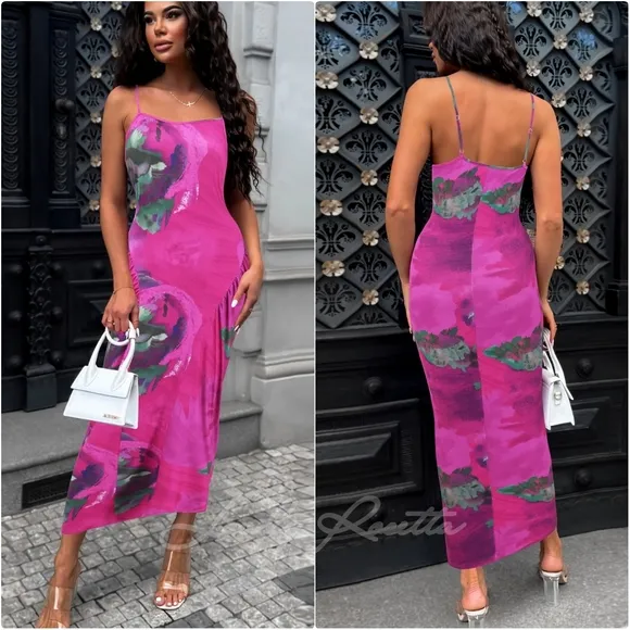 Pink Printed Spaghetti Strap Dress