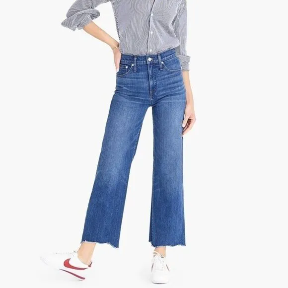 Point Sur J. Crew Wide Leg Cropped Fringed Jeans Womens Medium Blue Wash 32 NWT