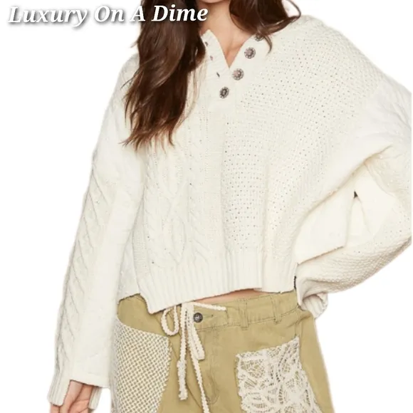 POL Hoodie Oversized Sweater Cable Knit Top Pullover Quarter Button Sweatshirt
