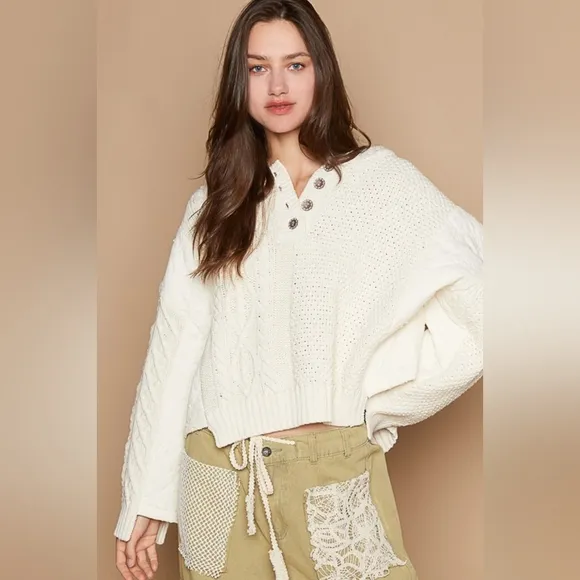 POL Hoodie Oversized Sweater Cable Knit Top Pullover Quarter Button Sweatshirt