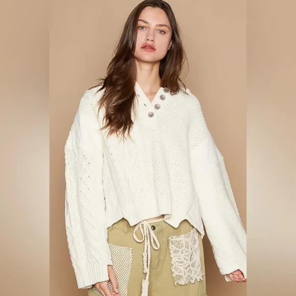 POL Hoodie Oversized Sweater Cable Knit Top Pullover Quarter Button Sweatshirt
