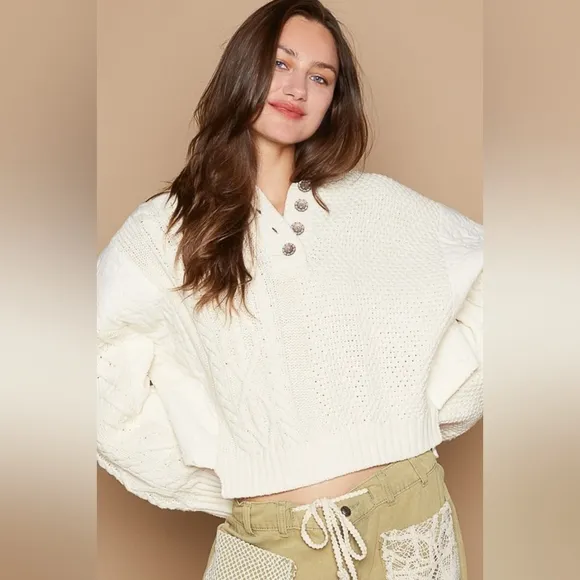POL Hoodie Oversized Sweater Cable Knit Top Pullover Quarter Button Sweatshirt