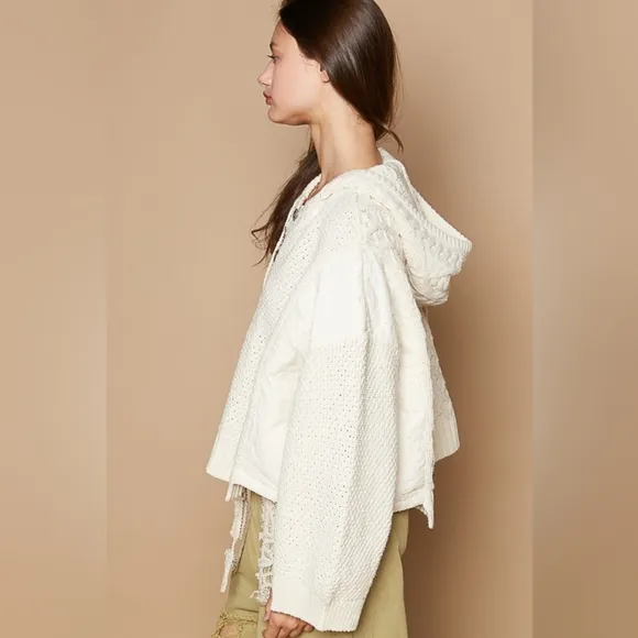 POL Hoodie Oversized Sweater Cable Knit Top Pullover Quarter Button Sweatshirt