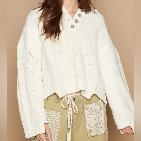 POL Hoodie Oversized Sweater Cable Knit Top Pullover Quarter Button Sweatshirt