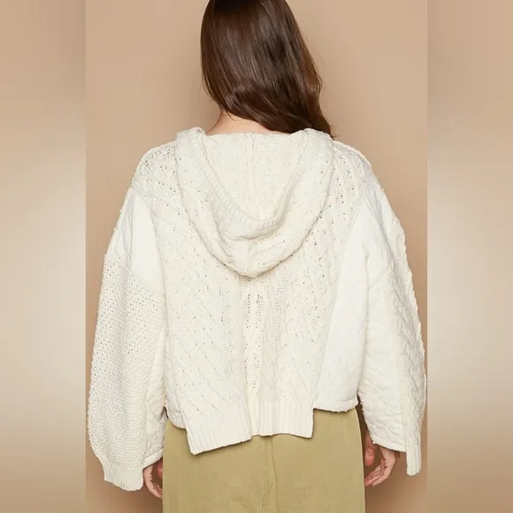 POL Hoodie Oversized Sweater Cable Knit Top Pullover Quarter Button Sweatshirt
