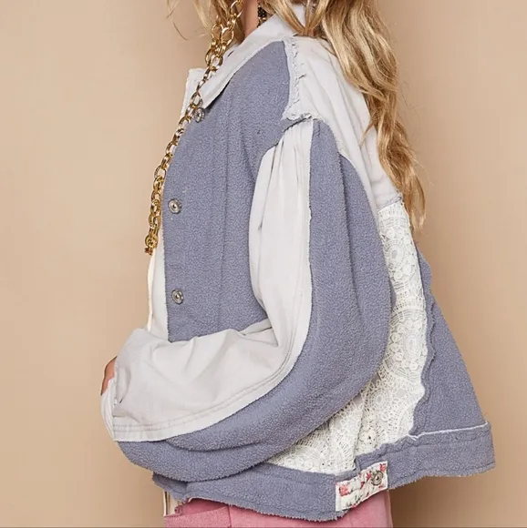 POL Lace Teddy Fleece Patchwork Floral Retro Boho Raw Seam Collar Button Jacket
