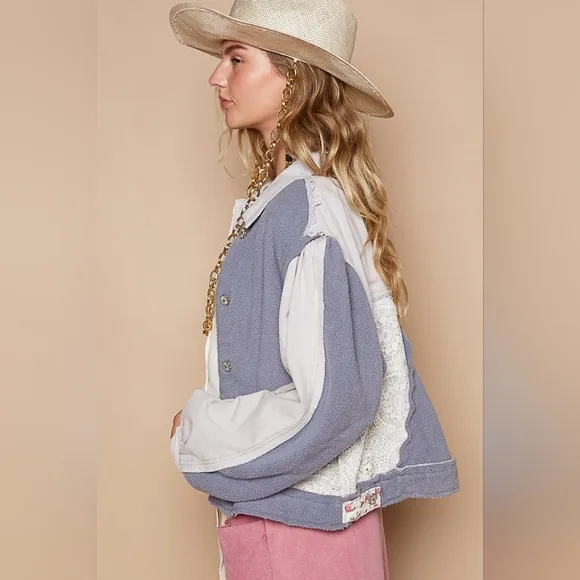 POL Lace Teddy Fleece Patchwork Floral Retro Boho Raw Seam Collar Button Jacket
