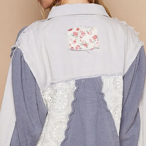 POL Lace Teddy Fleece Patchwork Floral Retro Boho Raw Seam Collar Button Jacket