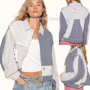 POL Lace Teddy Fleece Patchwork Floral Retro Boho Raw Seam Collar Button Jacket