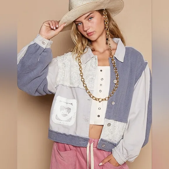 POL Lace Teddy Fleece Patchwork Floral Retro Boho Raw Seam Collar Button Jacket
