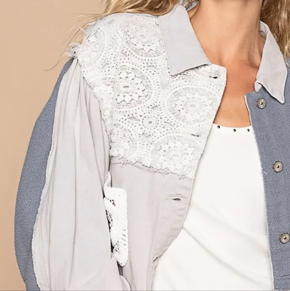 POL Lace Teddy Fleece Patchwork Floral Retro Boho Raw Seam Collar Button Jacket