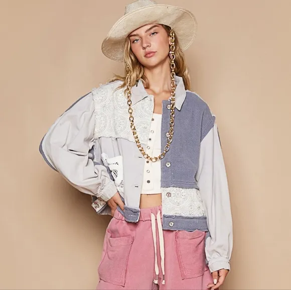 POL Lace Teddy Fleece Patchwork Floral Retro Boho Raw Seam Collar Button Jacket