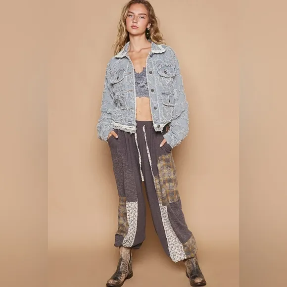 POL Star Distressed Denim Lace Collar Frayed Large Pocket Button Cotton Jacket