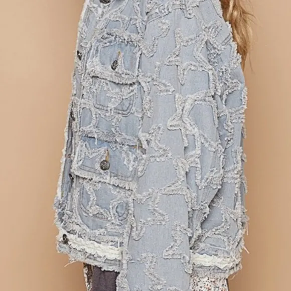 POL Star Distressed Denim Lace Collar Frayed Large Pocket Button Cotton Jacket