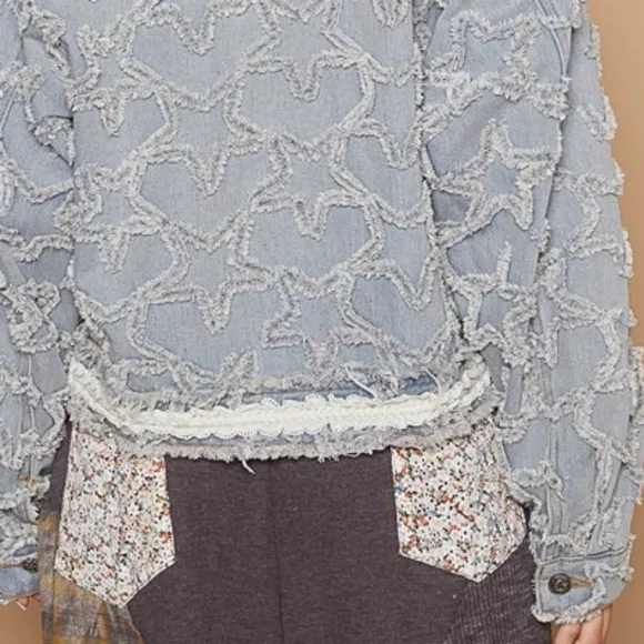 POL Star Distressed Denim Lace Collar Frayed Large Pocket Button Cotton Jacket