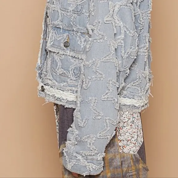 POL Star Distressed Denim Lace Collar Frayed Large Pocket Button Cotton Jacket