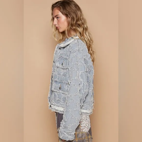POL Star Distressed Denim Lace Collar Frayed Large Pocket Button Cotton Jacket