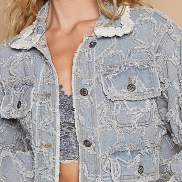 POL Star Distressed Denim Lace Collar Frayed Large Pocket Button Cotton Jacket